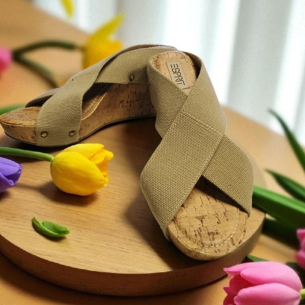 Esprit Beige Sandals with Cork Footbed and Canvas Stretchy Straps